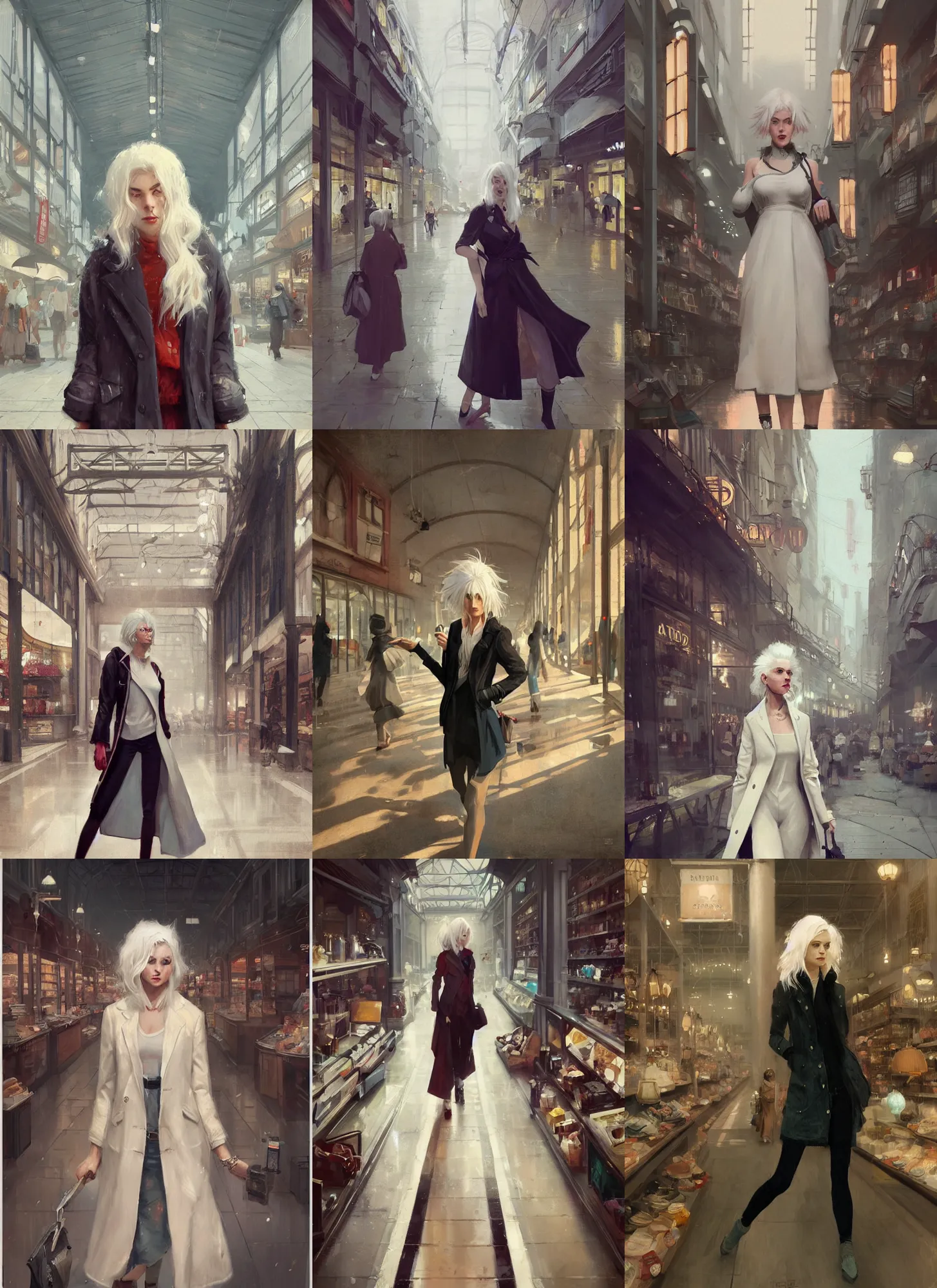 Prompt: a digital paintig of a full body portrait of a random young gorgeous white haired female character with vintage style shopping in the mart, by greg rutkowski, trending on artstation