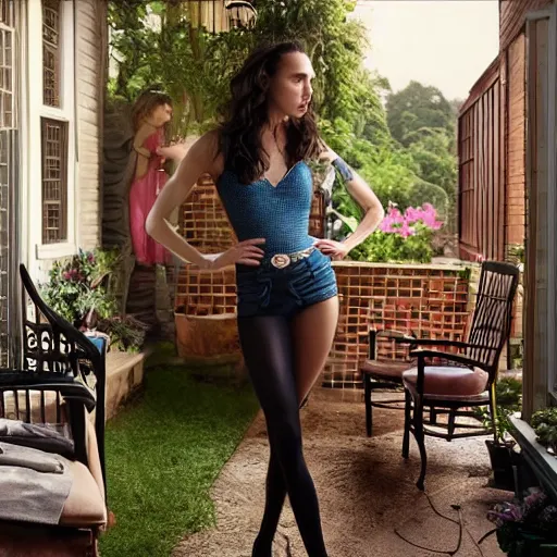 Image similar to gal gadot posing on a porch at a house, zeiss lens, detailed, symmetrical, centered, fashion photoshoot, by annie leibovitz and steve mccurry, david lazar, jimmy nelsson, breathtaking, 8 k resolution, extremely detailed, beautiful, establishing shot, artistic, hyperrealistic, beautiful face, octane render