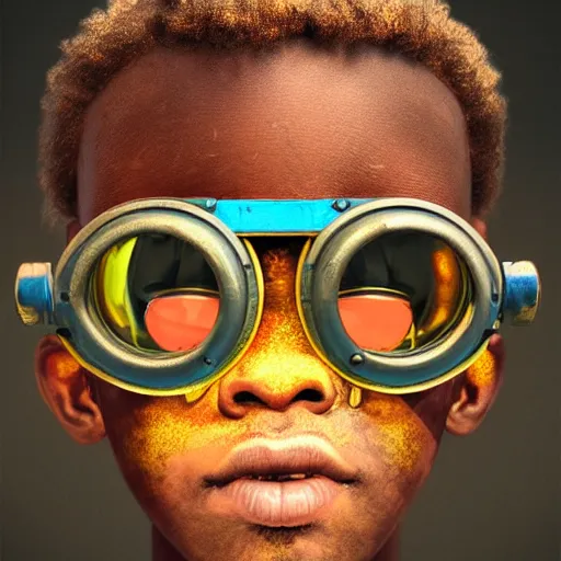 Prompt: colourful vfx upper half - portrait - art of a nigerian boy wearing steam punk goggles, art by utagawa kunisada & james jean, concept art, digital illustration, digital render, volumetric light, ray tracing, symmetrical, unreal engine, octane render, sharp, detailed, highly detailed, intricate detail, pinterest, behance, art station,