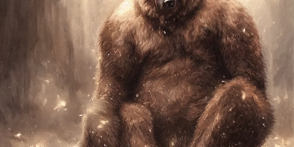 Prompt: Portrait of a rugged bear sitting down, male, muscular, straight nose!!!, detailed face, handsome face, bare thighs!!!, simple clothing!!!!!, fantasy, medieval, highly detailed, cinematic lighting, digital art painting by greg rutkowski
