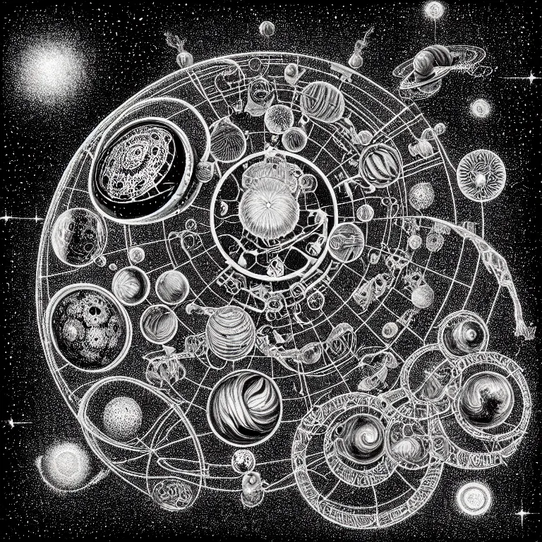 Image similar to ! dream a black and white drawing of a space station filled with equipment, a microscopic photo by ernst haeckel, zbrush central, kinetic pointillism, bioluminescence, intricate patterns, photoillustration