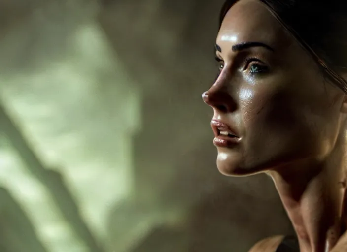 Prompt: film still of!!!! megan fox!!! as lara croft in new tomb raider movie, closeup portrait, exploring interior of torchlit atlantis underwater temple, glamour pose, dramatic lighting, octane, mist, volumetric lighting, 8 k