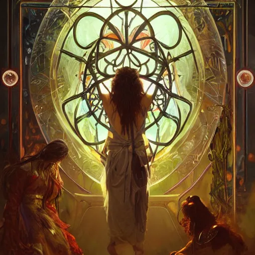 Prompt: an acrylic on canvas portrait of Kramer Shaman Lightworker Alchemist Druid, Mystery, Love, wholeness, rooted lineage, web of life, open eye freedom by Greg Rutkowski, Artgerm and Alphonse Mucha. Epic fantasy art.