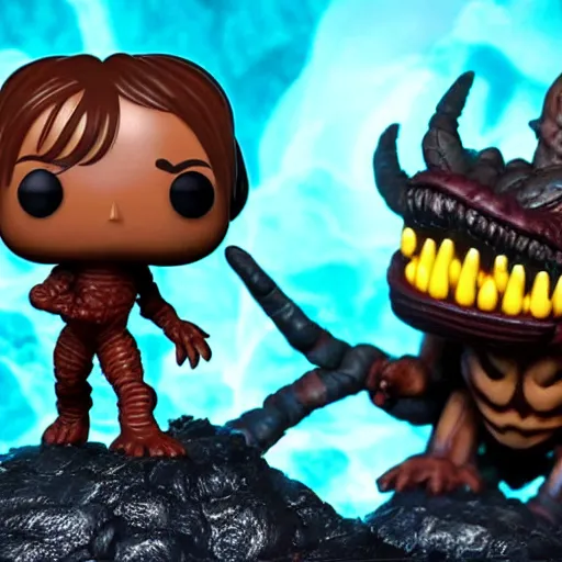 Image similar to funko pop of aragog fighting with the balrog in the moria mines, cinematic high quality very detailed