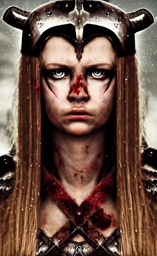 Image similar to symmetrical photorealistic photograph of beautiful female teen viking warrior with large angry eyes, bloody, cinematic,