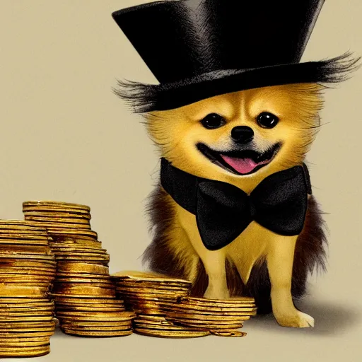 Image similar to A pomeranian wearing a top-hat and a monocle, sitting on a pile of gold coins