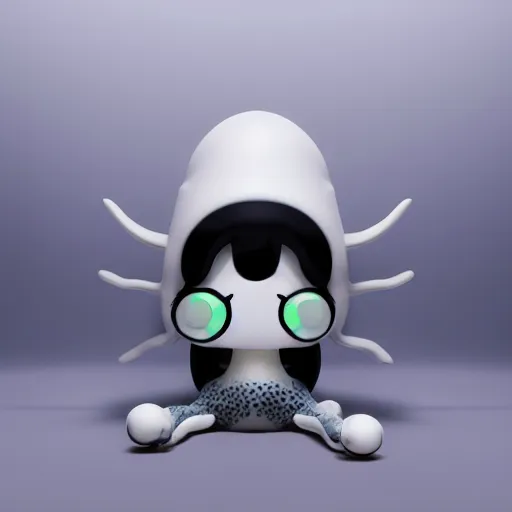 Prompt: cute fumo plush of a squid boy leaking dark droplets of ink from his eyes, dark water simulation, caustics and reflections, lens flare, black and white, vray