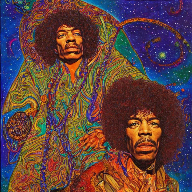 Prompt: colorfull artwork by Mati Klarwein showing a portrait of Jimi Hendrix as a futuristic space shaman