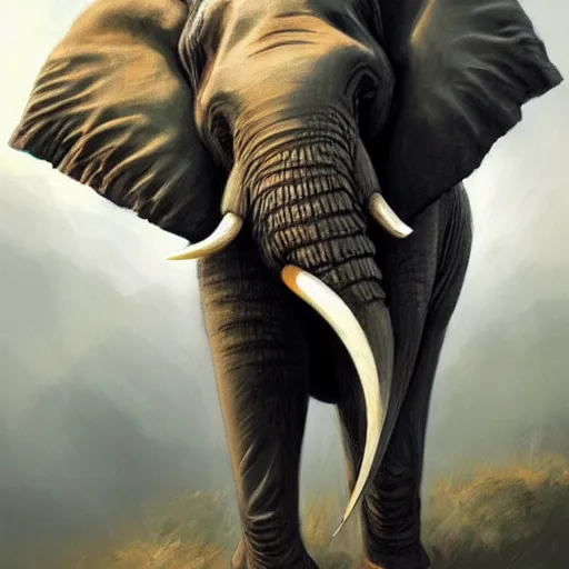 Prompt: a painting of an elephant with a long tusk by michael komarck, featured on cgsociety, fantasy art, majestic, official art, detailed painting