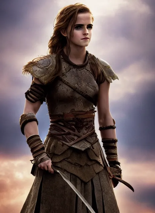 Image similar to hyper realistic photo of warrior princess emma watson, full body, rule of thirds, cinematic,