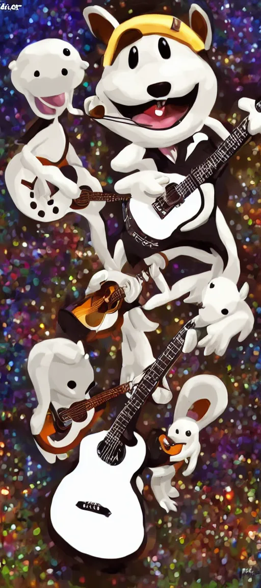 Prompt: K.K Slider playing guitar at a concert, digital art, high quality, detailed