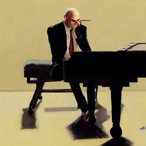 Image similar to agent 4 7 from hitman wearing headphones while playing a piano, by gregory manchess, james gurney, james jean