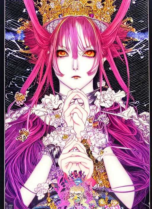 Prompt: highly detailed terada katsuya atrstation manga poster of princess mechine, face by aregerm, rainbow gradient reflection, ayami kojima, long hair, armor, dress, laces, ruffles, 8 k, maximalist, takato yamamoto