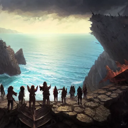 Image similar to D&D adventuring party facing away on cliff overlooking shipwreck, naval background, portrait, magic the gathering artwork, D&D, fantasy, cinematic lighting, centered, symmetrical, highly detailed, digital painting, artstation, concept art, smooth, sharp focus, illustration, volumetric lighting, epic Composition, 8k, art by Akihiko Yoshida and Greg Rutkowski and Craig Mullins, oil painting, cgsociety