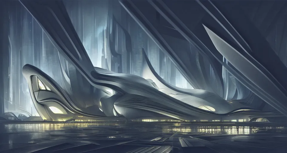 Image similar to cinematic shot, futuristic building, crowded, utopian, zaha hadid, night, white, lights, digital painting, artstation, concept art, smooth, sharp focus, illustration, intricate, elegant, highly detailed, in the style of greg rutkowski and alphonse mucha and artemisia, 8 k, highly detailed, jurgens, rutkowski