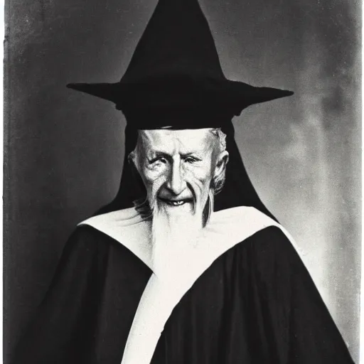 Image similar to Wizard with a ominous smile, top of face in shadow, clad in a robe, portrait
