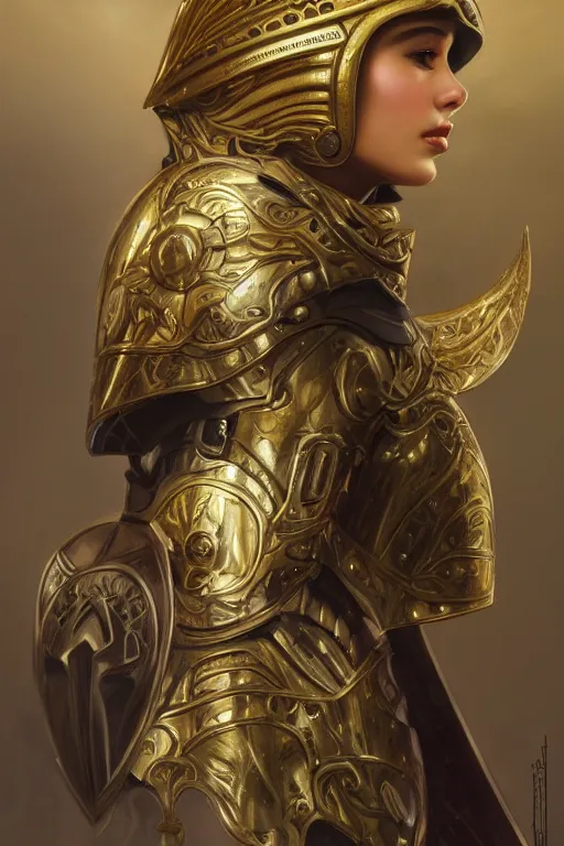 Image similar to attractive young girl, ornate metallic helmet, battle armor, olive skin, long dark hair, beautiful bone structure, elegant, highly detailed, digital painting, trending on Artstation, concept art, smooth, sharp focus, illustration, art by Gerald Brom and James Gurney and alphonse mucha