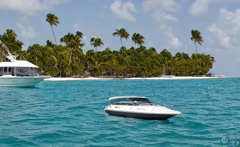 Image similar to a sport boat in a turquoise water. miami. 8 0's style