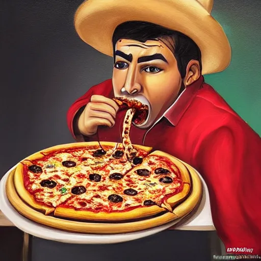 Image similar to A highly detailed portrait of a charro eating pizza, dramatic lighting