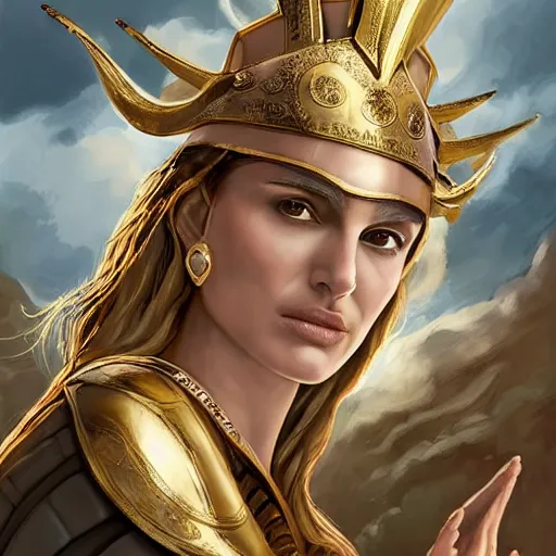 Prompt: Natalie Portman as ancient greek woman in golden helmet, giant grey-haired bearded George Clooney head in the sky, epic fantasy style art, fantasy epic digital art