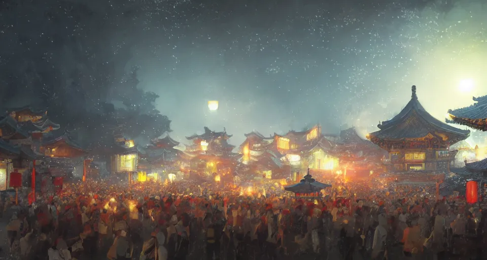 Image similar to craig mullins and ghibli digital art of zhongyuan festival in china ， lanterns ， gohst door with fire in the sky, black night sky, stars, below is the crowd, rivers, villages ， unreal engine, hyper realism, realistic shading, cinematic composition, realistic render, octane render, detailed textures, photorealistic, wide shot