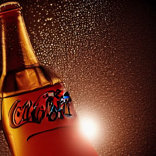 Prompt: coca - cola bottle in the center, droplets flow down the bottle, soft warm light, ultra - quality, super detail work, play of light, yellow light shining through, focus unreal engine 5,