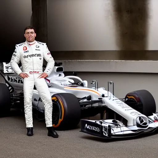 Image similar to a portrait of a mercedes f 1 driver in a white overall with the face of barack obama, outdoor, professional portrait photography, ambient light