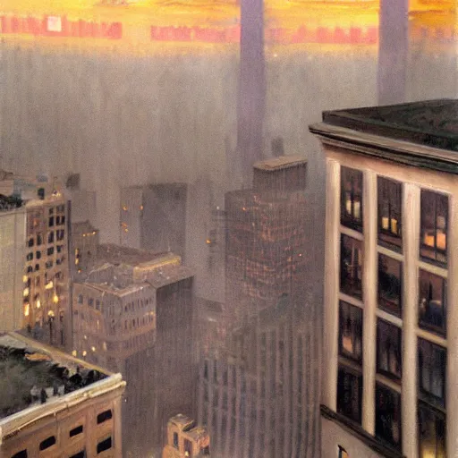 Image similar to muted color ultra realistic painting of a balcony view of 1 9 2 5 boston downtown at night, the sky is distorted and broken like a smashed mirror, dark, brooding, night, atmospheric, ultra - realistic, smooth, highly detailed in the style of clyde caldwell