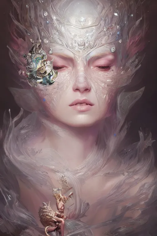 Image similar to beautiful princess with face covered with diamonds wearing frost velvet, diamonds, angel, fantasy, dramatic lighting, highly detailed, digital painting, magic the gathering, hyper detailed, 3 d render, hyper realistic detailed portrait, peter mohrbacher, wlop, ruan jia