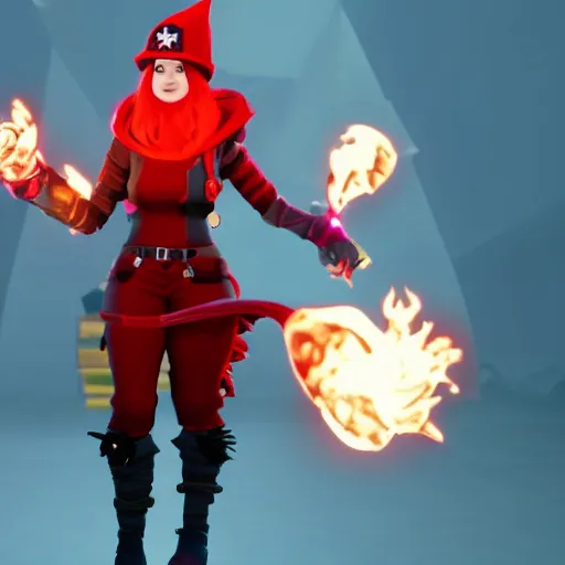 Image similar to a curly haired female pyromancer wearing a red wizard hat as a fortnite character, screenshot from fortnite, 3 d unreal engine render