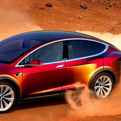 Prompt: Elon musk on Mars, driving a Tesla Model X, but the car is also on fire.