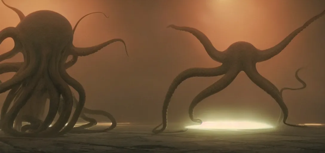 Image similar to an octopus consuming a solar system, foggy, cinematic shot, photo still from movie by denis villeneuve, wayne barlowe