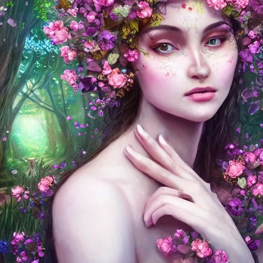 Image similar to a picture of a beautiful woman clothed in flowers and leaves standing in an enchanted forest, high fantasy, elegant, epic, detailed, intricate, digital painting, concept art, realistic detailed face, smooth, focus, rim light, detailed 8 5 mm f / 1. 4, anamorphic lens