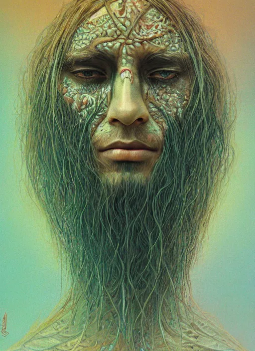 Image similar to psychedelic shaman, portrait, digital painting, highly detailed, intricate, trending on artstation, by zdzisław beksiński