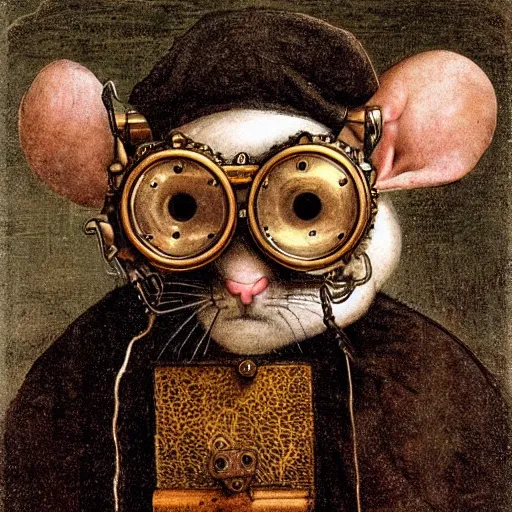 Image similar to a rat with steampunk googles, by Leonardo DaVinci