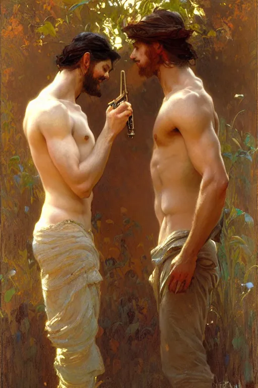 Image similar to 2 attractive male, painting by gaston bussiere, craig mullins, greg rutkowski, alphonse mucha