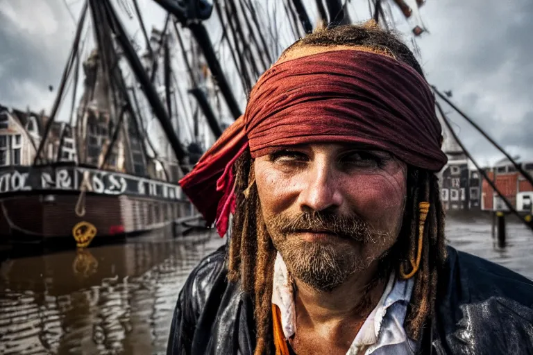 Image similar to closeup potrait of a pirate on a ship in a flooded amsterdam street, photograph, natural light, sharp, detailed face, magazine, press, photo, Steve McCurry, David Lazar, Canon, Nikon, focus