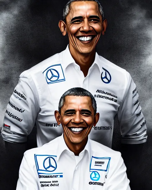 Image similar to a portrait of barack obama as a mercedes f 1 driver in a white overall with the face of barack obama, outdoor, professional portrait photography, ambient light