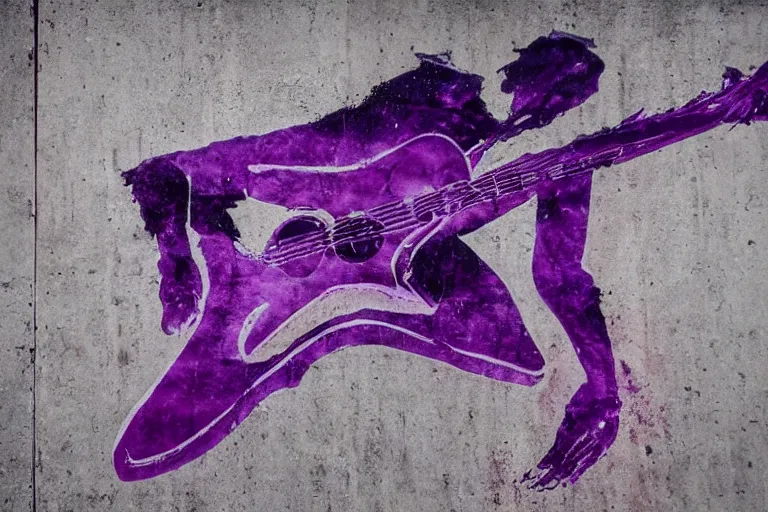 Prompt: dripping purple faded paint across the shape of a human playing guitar, realistic, extremely detailed, coming out of the wall