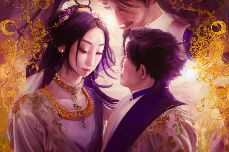 Image similar to a cinematic portrait of wedding photograph jpeg close up moment of a divine a japan sun god and moon goddess lovers magician at a wedding banquet. portraiture. digital painting. artstation. concept art. wedding photo. digital painting. violet evergarden art masterpiece by art by krenz cushart