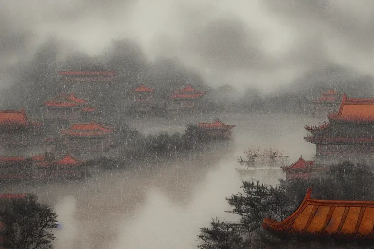 Prompt: in the rain, beijing houses, bridge, river mysterious and serene landscape, clouds, by zhang zeduan, tang yin, zhang daqian, qiu ying, trending on artstation