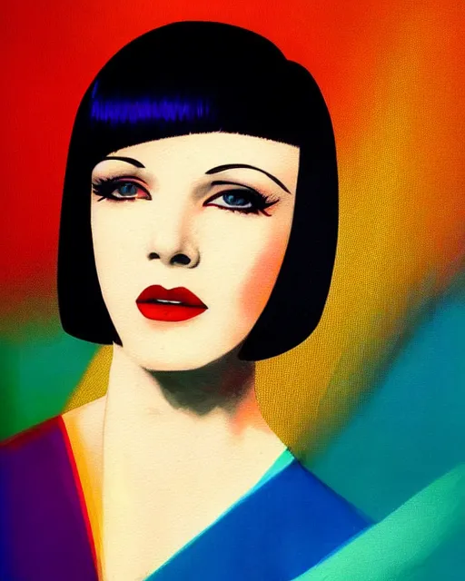 Image similar to full length portrait of 2 0 year old mary louise brooks dancing, shiny bob haircut, dramatic light, abstract art deco city background, air brush art, high contrast, sharp,, painted by ross tran 1 9 2 0 s