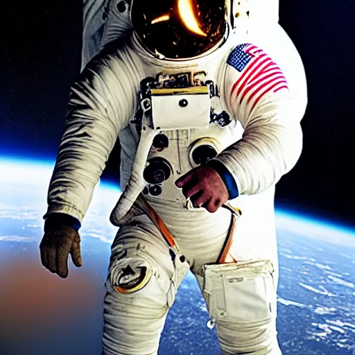 Image similar to photograph of an astronaut in space, singular light source from below, only suit legs and arms illuminated, full body photo, 8 k