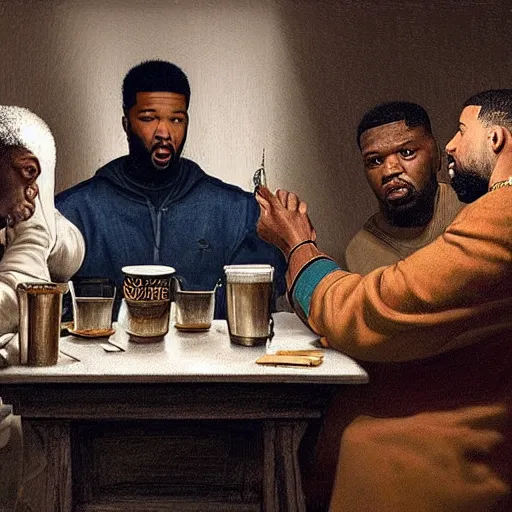 Image similar to 2 1 savage and 5 0 cent and drake huddled around a table with a lantern in a dark pub like in the denial of st. peter by gerard seghers