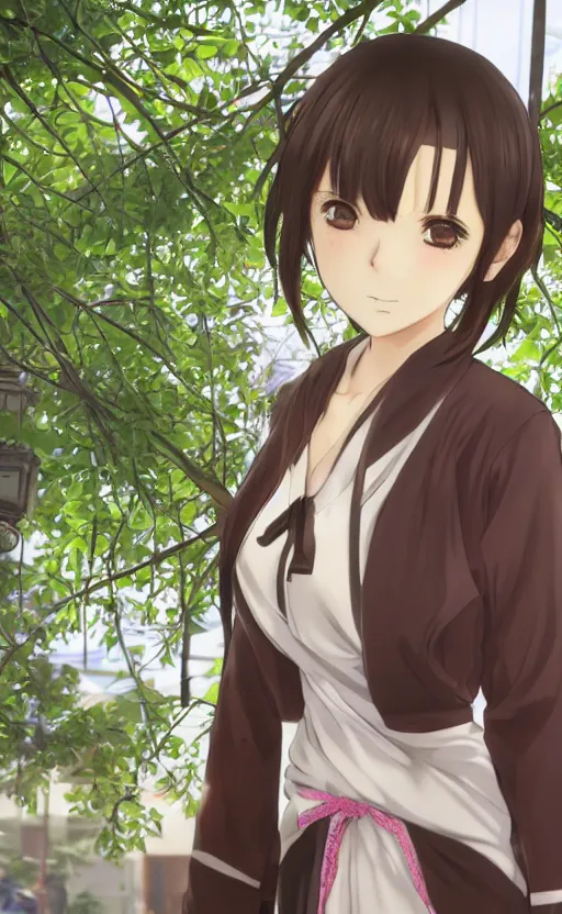 Image similar to anime style, gta 5, portrait of girl, yukata clothing, sakura tree in background, brown short hair, hair down, symmetrical facial features, from arknights, hyper realistic, sad eyes, extreme detail, 4 k drawing, safebooru, realistic lighting, by alphonse mucha, greg rutkowski, sharp focus, backlit