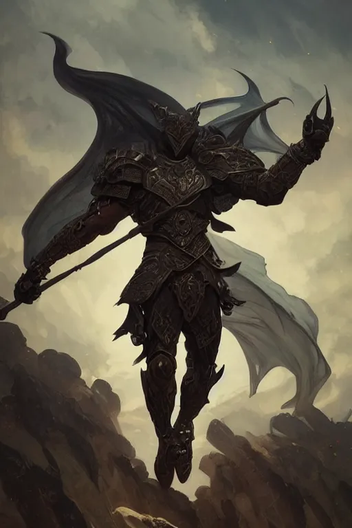 Image similar to male warrior, wearing a dark armor, dragon flying in the sky, intricate, elegant, digital painting, artstation, concept art, smooth, sharp focus, illustration, art by artgerm and greg rutkowski and alphonse mucha and andrei riabovitchev