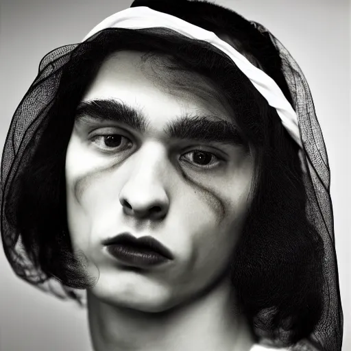 Prompt: a portrait of the most beautiful young men wearing a translucide iridiscent veil, photographed by erwin olaf