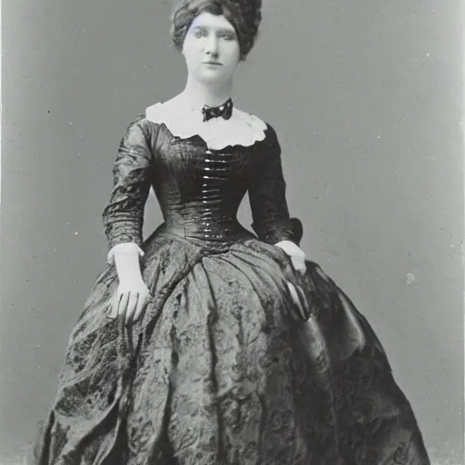 Image similar to a studio photo from 1860 of an Edwardian era dressed lady, full figure, 8mm,