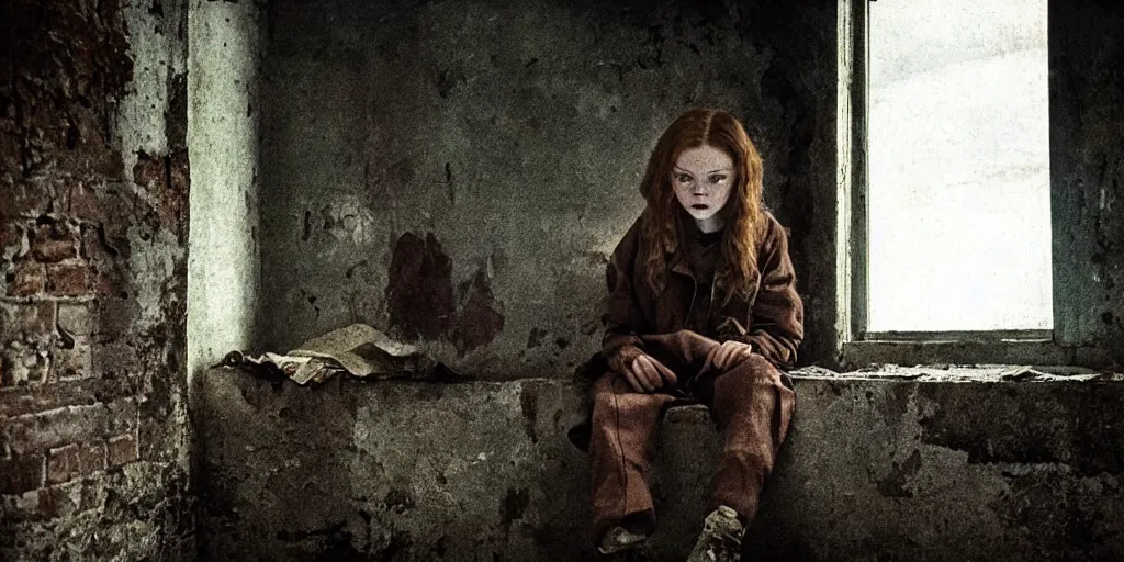 Image similar to at night, sadie sink in hoodie sits on windowsill, knees tucked in | rain falls, old brick wall with ussr propaganda posters : 3 5 mm film, anamorphic, single long shot from schindler's list by steven spielberg. cyberpunk, cinematic atmosphere, detailed and intricate, perfect anatomy