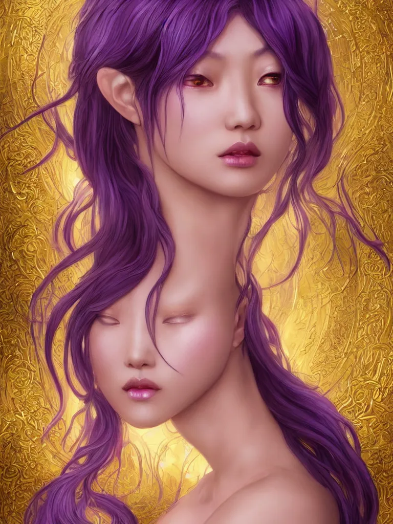 Prompt: asian nymph goddess flowing purple hair twisting in sensual pose with golden tattoes of cursive sigils on her opalescent skin, fantasy, intricate, very beautiful, elegant, golden light, highly detailed, digital painting, artstation, concept art, smooth, sharp focus, unreal engine, art by wlop and tian zi and alphonse mucha